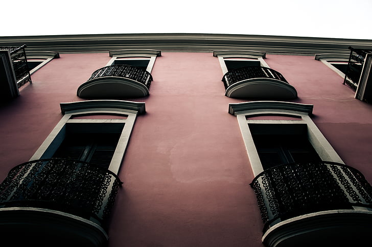 Architektura, balkony, budova, nízký úhel zastřelil, Perspektiva, systém Windows, žádní lidé