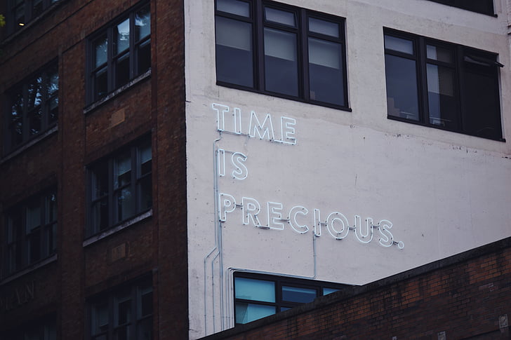 time, precious, neon, signage, concrete, building, window