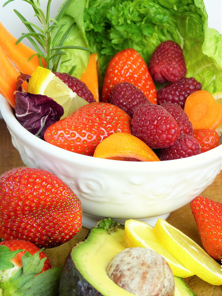 fruit, strawberries, raspberries, lemon, avocado, salad, carrot