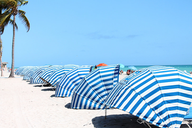 Cabana, biru, putih, Pantai, pola, musim panas