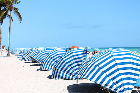 Cabana, blauw, wit, strand, patroon, zomer
