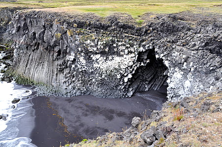 Izland, szikla, : Búðardalur, barlang, rock, vukangestein, oszlopos bazalt
