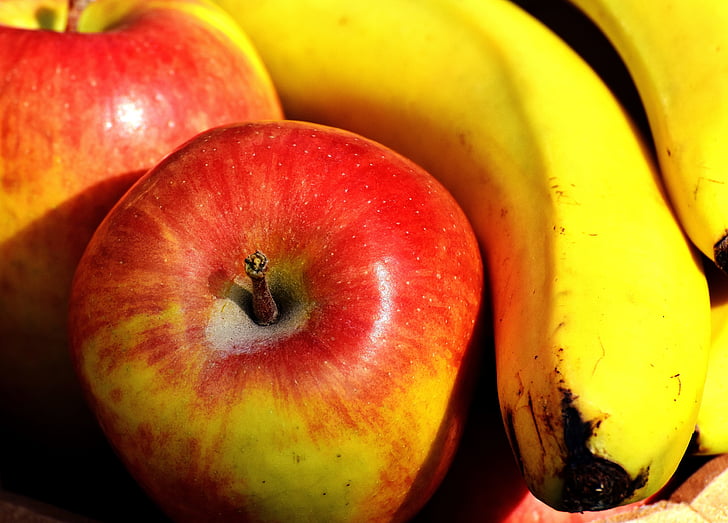 плодове, плодове, ябълка, банан, здрави, витамини, слънце