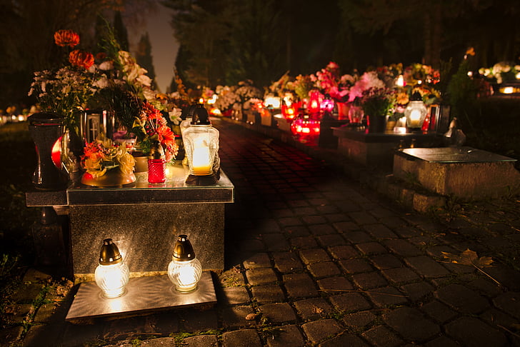 cemetery, dark, night, candles, monument of deceased, the tomb of