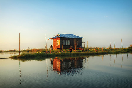 inle lake, myanmar, lake house, house, lake, water, reflections