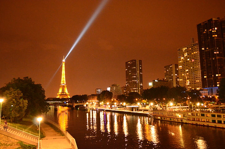 Paris, Eiffeltornet, natt, dess, ljus, Lichtspiel, spegling