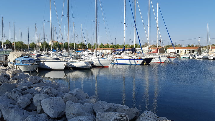 port, båter, refleksjoner, blå himmel, vann, Frankrike, dammen