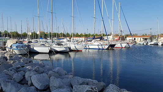 port, boats, reflections, blue sky, water, france, pond