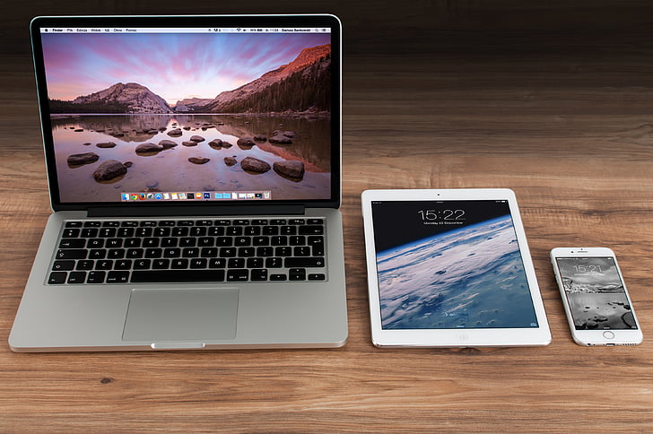 MacBook, Pro de, al costat de, iPad, plata, iPhone, Poma