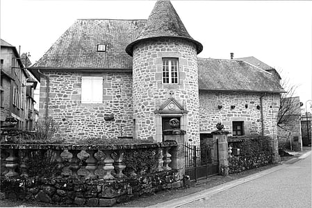 Menara, rumah batu, hitam dan putih, rumah kuno, Perancis rumah batu