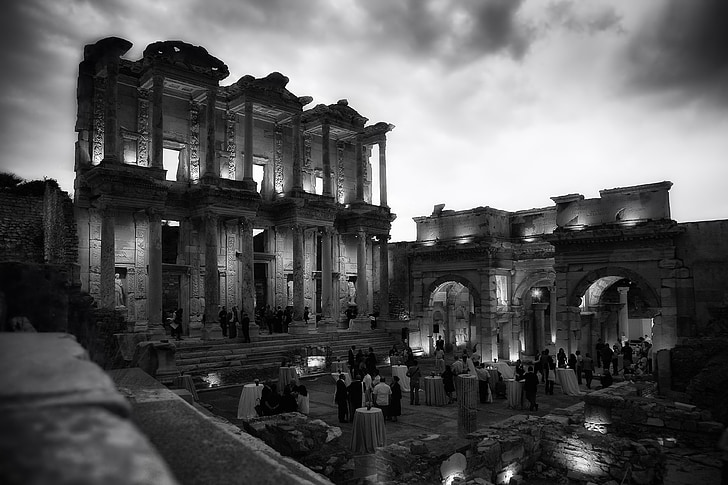 celsus library, ephesus, turkey, ruins, landmark, historic, black and white
