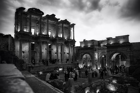 Perpustakaan Celsus, Efesus, Turki, reruntuhan, Landmark, bersejarah, hitam dan putih