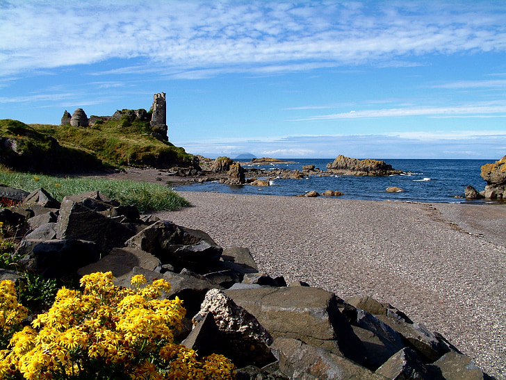 scotland, ayrshire, dunure castle, beach, sea, meadow, water