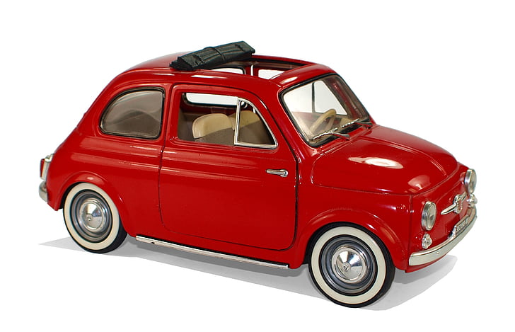 cotxe, fiduciari, en miniatura, model de cotxe, vermell, anyada