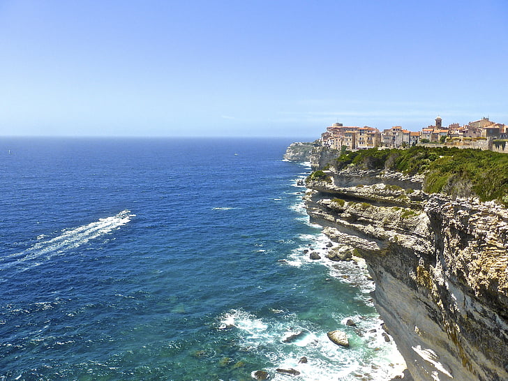 clifftop, bonifacio, corsica, coastline, citadel, coastal, seascape
