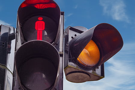közlekedési lámpák, Footbridge, piros, figyelmet, sárga