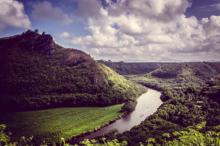 mraky, denní světlo, Les, tráva, Hill, jezero, krajina