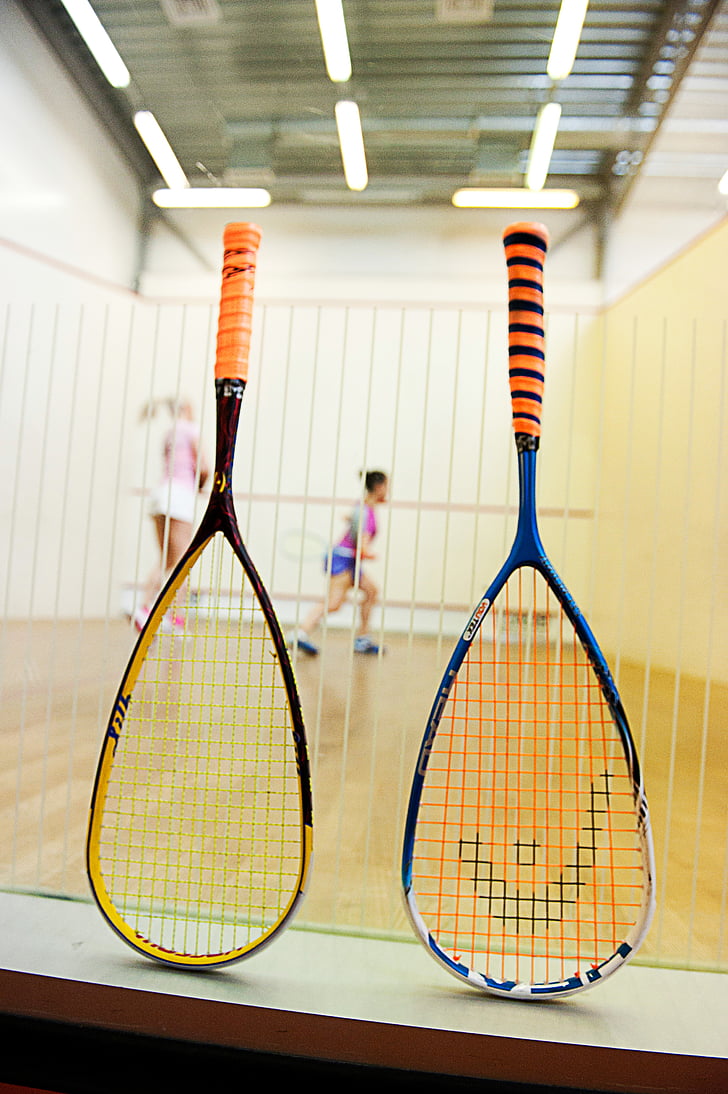 yellow, blue, tennis, rackets, white, wooden, table
