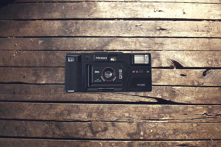 Vintage, kamera, fa, munka, retro, régi, technológia