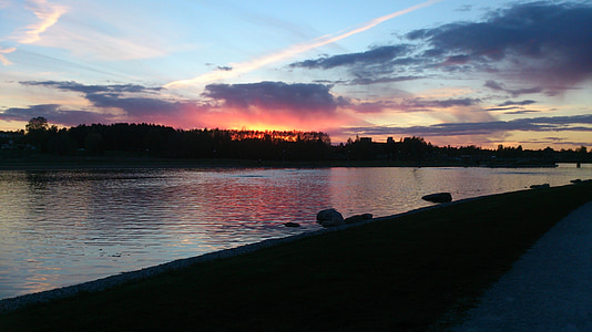 Kumla sjöpark, Svezia, natura, acqua, Lago, tramonto, splendidamente