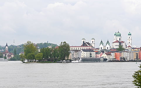 Passau, gamla stan, halvön, Donau, Inn, sammanflödet, mun