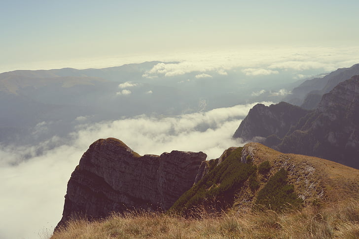 photography, mountain, cloud, clouds, cross, grass, Landscape