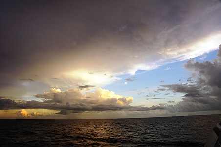 pôr do sol, mar, para a frente, nuvens, chuva, Caribe
