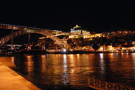 Oporto, Portugal, Bridge, natt, floden, lampor