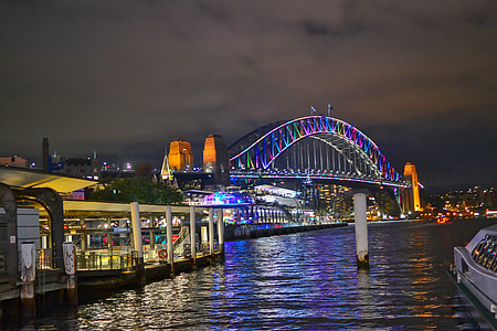 híd, éjszaka, Pier, kikötő, híres, Sydney, élénk
