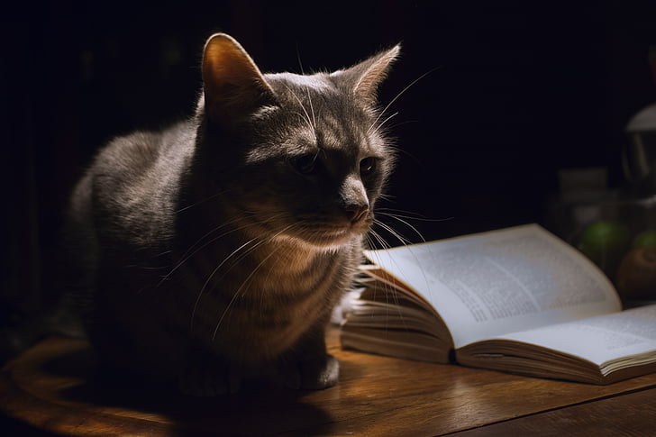 kaķis, dzīvnieku, PET, mājas, naktī, grāmatas, iekšzemes