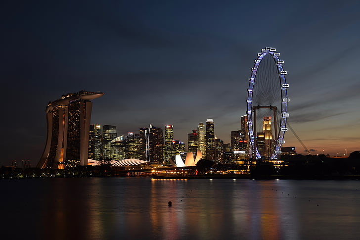 vista sobre la ciutat, pols, Singapur, riu, Badia Jardí, nit, silueta urbana