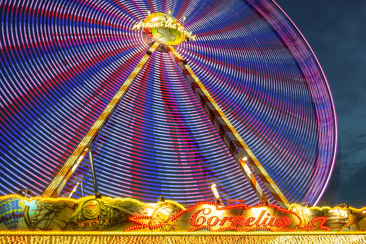 year market, folk festival, fair, carousel, ride, ferris wheel, lights