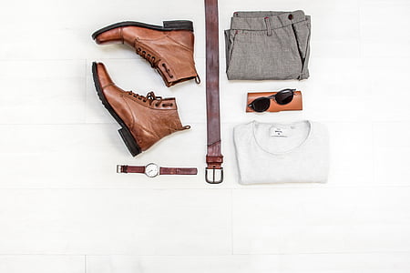 pair, brown, leather, boots, belt, watch, shirt