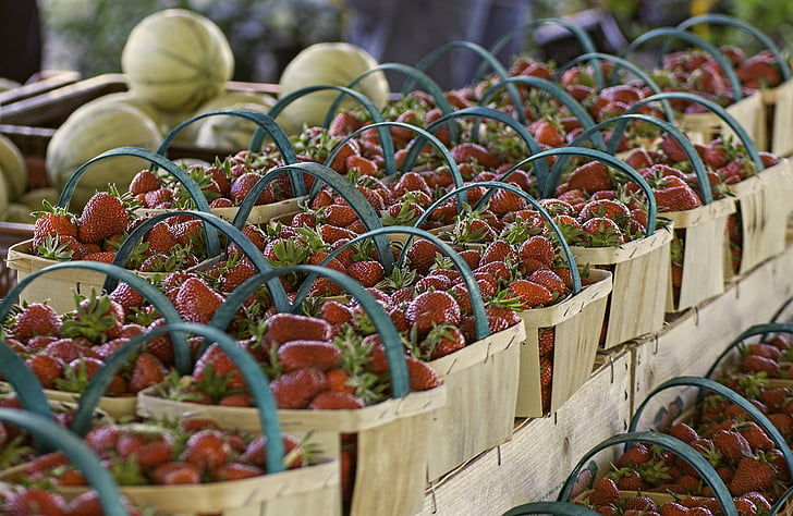 strawberry, fruit, market, cart, red, watermelon, food