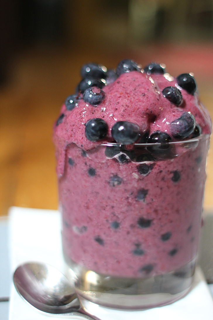 smoothie, frozen, blueberries, purple, glass, spoon, vegan