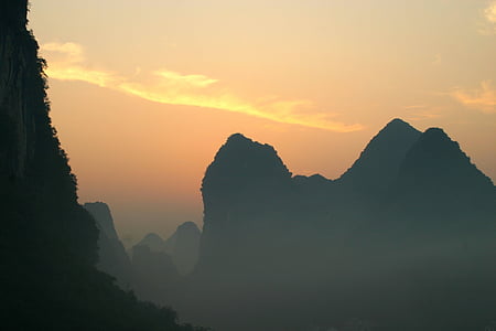 mountains, silhouette, sunrise, sun, morning, fog, morning sun