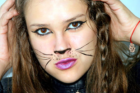 dievča, Halloween, mačka, make-up, portrét