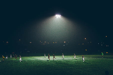fotbal, hra, shoda, noční, světlomet, lampa, fotbal