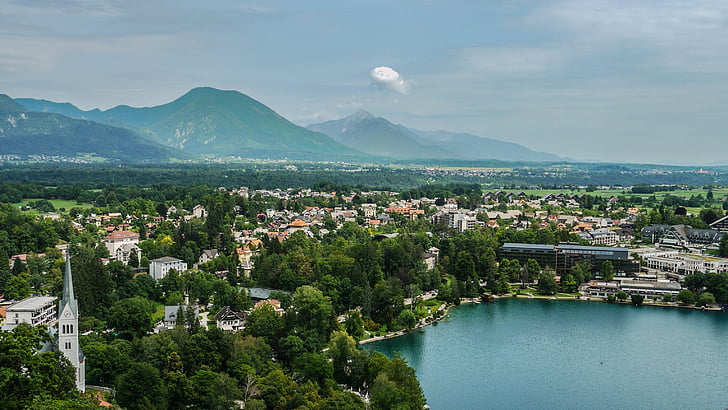 landscape, statue, slovenia, mountains, lake, city, mountain