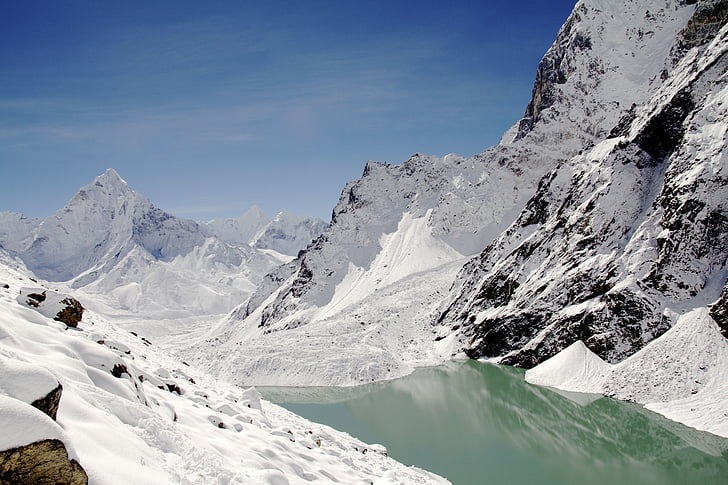 ledynas, ežeras, kalnai, didžiausia, sniego, sniego smailės, autorinių vaizdai