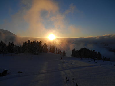 solnedgång, Mountain, träd, snö, Frankrike, Avoriaz, moln