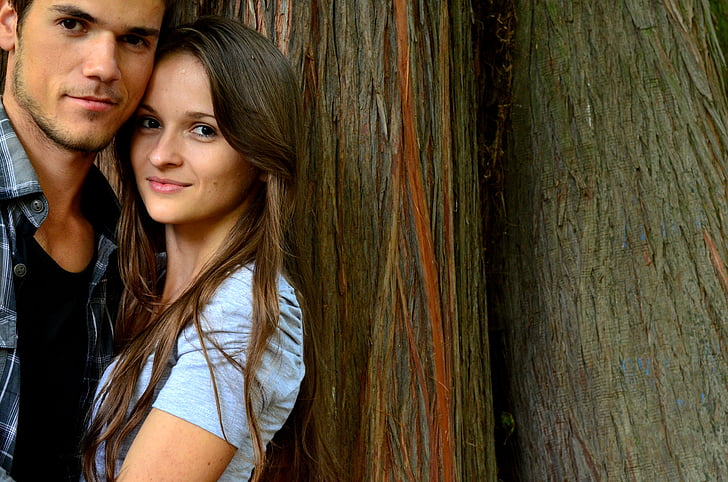 young couple, fall in love with, background, young woman, young men, outdoors, women