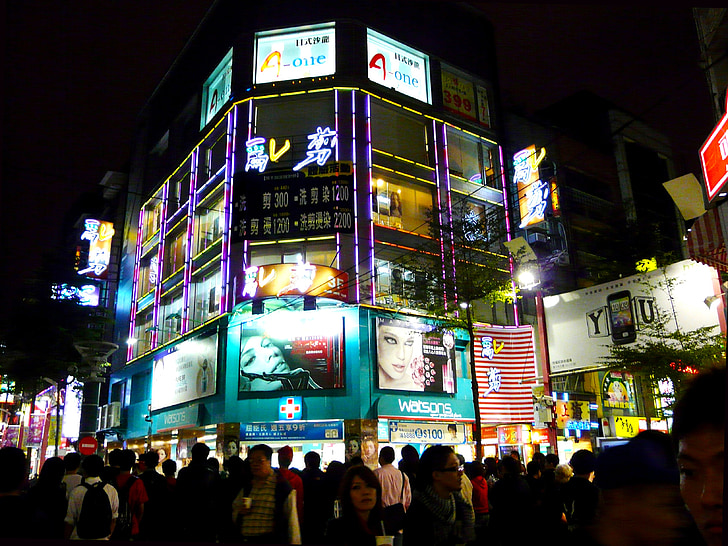 notte, vista, lo shopping, città, Ximending, Taipei, Taiwan