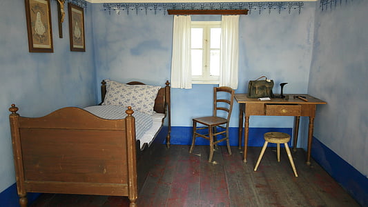 Bed, antik, søvn, nostalgi, blå, hvid, baby værelse