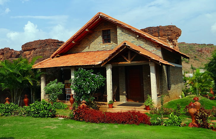 maison de vacances, maison de vacances, Cottage, Badami, roches, grès, Karnataka