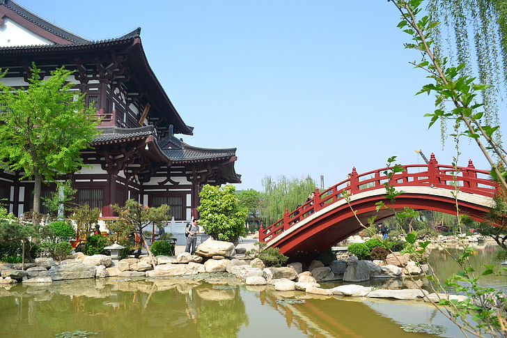 upės, tiltas, Kinija, pastatas, ežeras, dekoracijos, rudenį