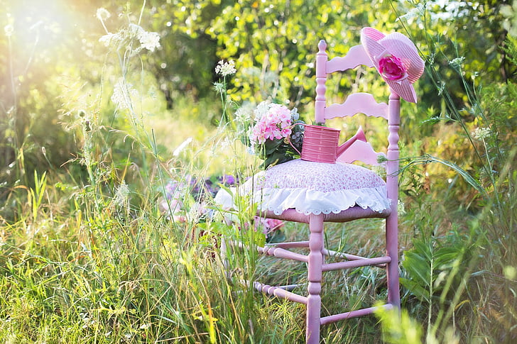 pink chair, summer, nature, outdoor, lifestyle, country, garden