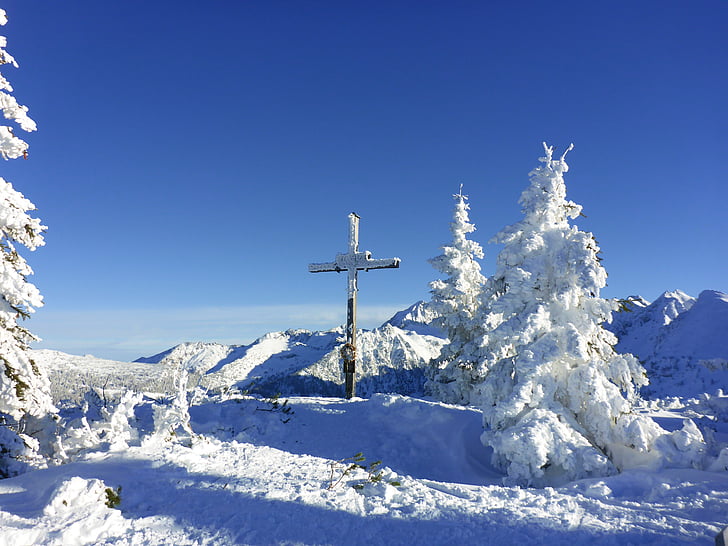 Kryžiaus, žiemą, aukščiausio lygio susitikimo kryžius, Alpių, kalnai, sniego, Austrija