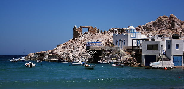 Grekland, Milos, båt, Medelhavet, havet, hus, arkitektur