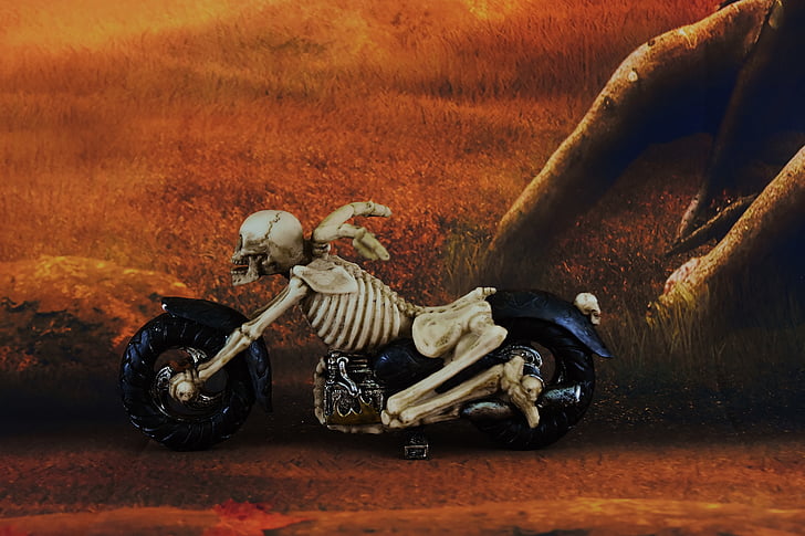 gloomy, mood, skeleton, bike, motorcycle